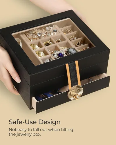 Miniatura 7 de Hzuaneri Joyero de 3 capas, organizador de joyas con tapa de vidrio, 1 soporte individual para joyas, 1 cajón, estuche de joyería de piel sintética