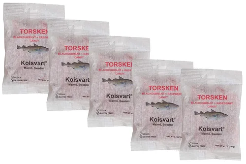Kolsvart - Caramelos de goma sueca de pescado y regaliz | Vegano y sin gluten | 4.2 onzas | Paquete de 5 | Grosella negra y frambuesa