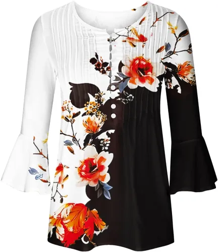 Miniatura 49 de Ceboyel Blusa tipo túnica con estampado floral para mujer, con botones, estilo Henley, con manga de codo, casual, trajes de moda para mujer