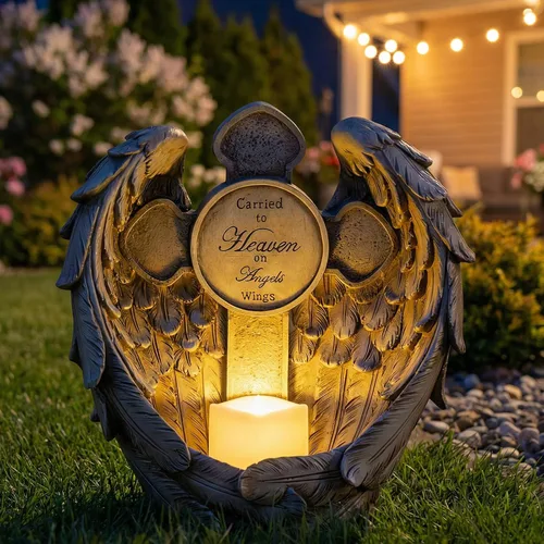 Miniatura 9 de Estatua conmemorativa de alas de ángel solar con vela LED y cruz, decoración de tumbas de resina resistente a la intemperie para cementerio, regalos