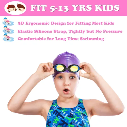 Miniatura 5 de EWPJDK Gafas de natación para niños, paquete de 2 gafas de natación antivaho sin fugas para niños de 3 a 15 años Negro & Rosado