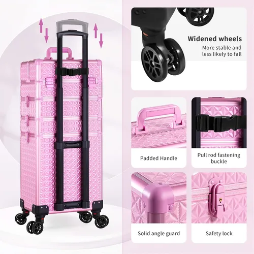Miniatura 5 de AROUS Estuche de maquillaje rodante 5 en 1, estuche de cosmetología con ruedas, organizador cosmético grande, carro de viaje para estilista