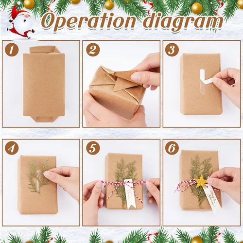 Miniatura 4 de Cholemy Juego de papel de regalo de Navidad de 15.7 pulgadas x 65.6 pies con ramas de pino natural, papel de estraza de algodón, calcomanías