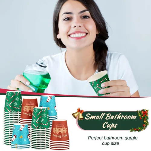 Miniatura 5 de Cunhill Paquete de 600 vasos de papel de Navidad de 3 onzas, pequeños vasos desechables para baño con diseño de copos de nieve de Papá Noel y pan
