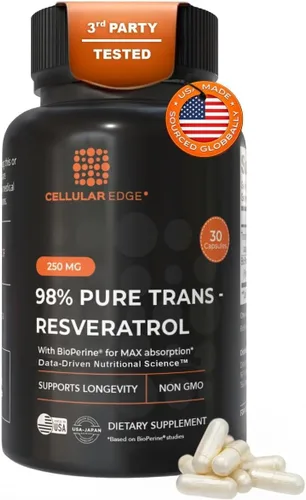 Trans-resveratrol 250 mg (≥98% puro) con BioPerine® | Fabricado en Estados Unidos | Probado por terceros | Apoyo a la salud celular y longevidad |