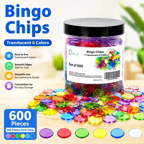 Miniatura 2 de 600 chips Bingbo de 3/4 pulgadas, 6 chips de conteo de colores vibrantes Acrílico translúcido, tarro portátil, juegos educativos, actividades