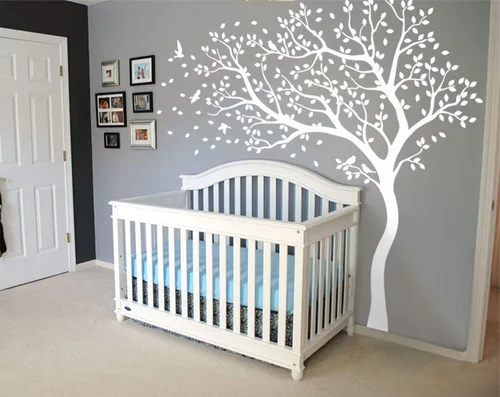 Vinilo decorativo para pared de árbol grande con pájaros y hojas que soplan en el viento, adhesivo mural de bosque (inclinado a la izquierda, todo