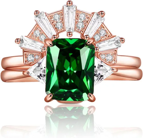 JIANGYUE Anillos apilables de circonita cúbica verde esmeralda para mujer, oro rosa, blanco, corona, juego de anillos de boda, joyería para el día
