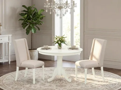Miniatura 2 de East West Furniture HLFL3-LWH-01 Juego de mesa de comedor de 3 piezas contiene una mesa de cocina redonda con pedestal y 2 sillas de comedor Parson