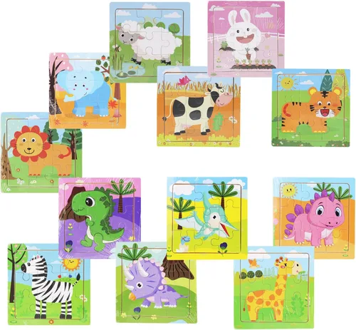 Paquete de 12 mini rompecabezas de animales de madera para niños de 3 años en adelante, 9 piezas, juguetes educativos de viaje | Bonitos recuerdos