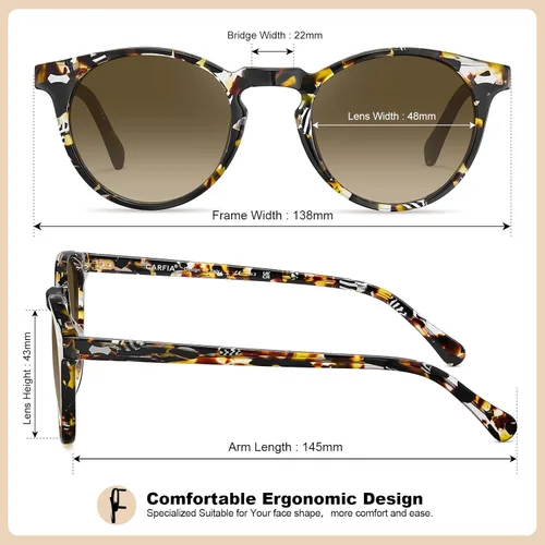 Miniatura 16 de CARFIA Gafas de sol polarizadas de acetato redondo para mujer, protección UV de cara pequeña con funda de cuero CA5288