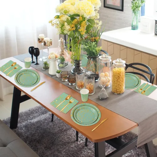 Miniatura 5 de Whaline 175 piezas de suministros de fiesta verde salvia con puntos dorados, platos de papel, servilletas y vasos, juego de vajilla desechable