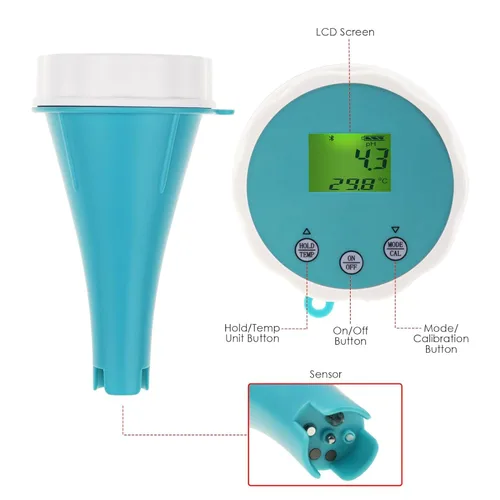 Miniatura 6 de Probador inalámbrico de calidad de agua 6 en 1, monitor de calidad de agua flotante Bluetooth para piscinas, spas e hidroponía, pH, EC, ORP, cloro
