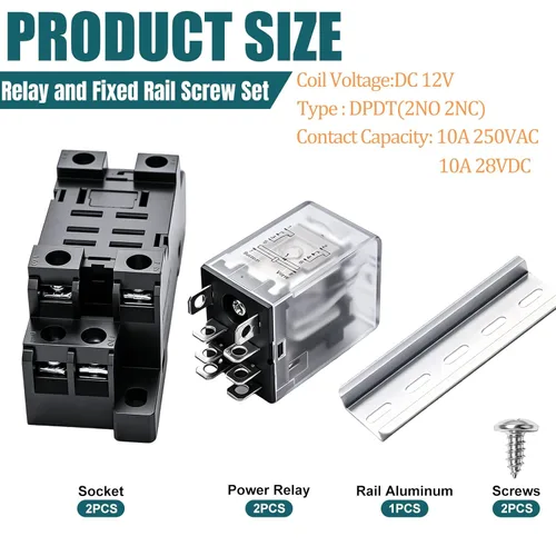Miniatura 2 de mxuteuk 2 unidades JQX-13FL DC 12V Bobina de 8 pines de 10A DPDT con indicador LED Relé de potencia electromagnético, con base, con riel DIN