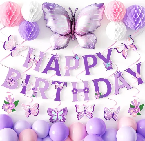 Decoraciones de fiesta de cumpleaños color morado y rosa – Cartel de feliz cumpleaños, colgante en espiral, bola de panal con globo de aluminio de