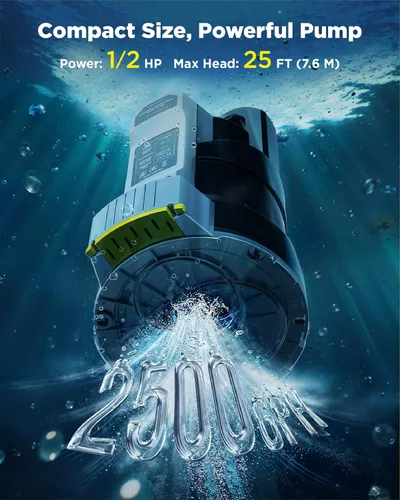 Miniatura 4 de InoKraft E-Float Bomba de sumidero automática de 1/2 HP, bomba de agua sumergible de 2500 GPH con modo automático/manual, bolsa de malla