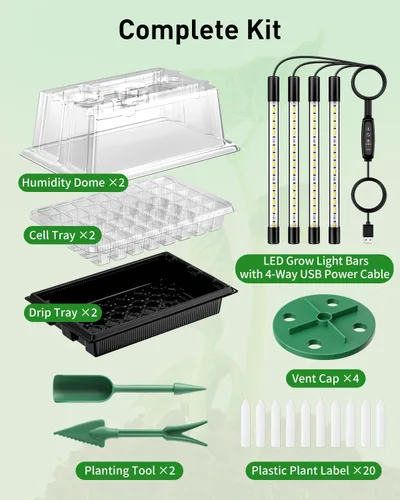 Miniatura 7 de Pawfly Bandejas de inicio de semillas, paquete de 2 unidades de 80 células con barras de luz de crecimiento ajustables y cúpulas de humedad de 3.5