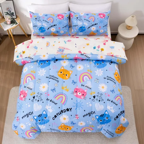 Btargot Juego de edredón reversible de 5 piezas con diseño de gato de dibujos animados azules para niños, juego de ropa de cama con diseño de flores