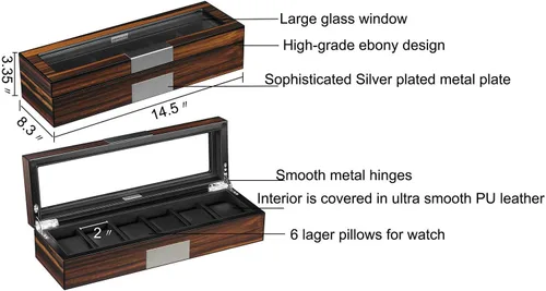 Miniatura 5 de Caja de 6 relojes Organizador de reloj para hombre Caja de almacenamiento de reloj grande Caja de almacenamiento de madera 6 relojes vitrina
