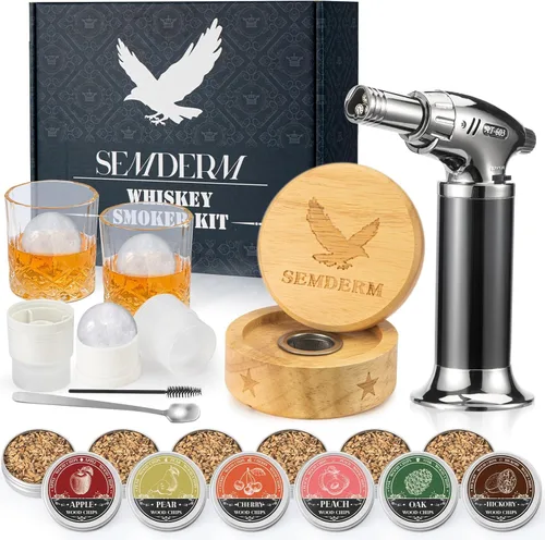 Bourbon - Kit de ahumador de whisky con antorcha, kit de ahumador de cóctel a la antigua moda con 2 vasos de whisky, 6 fichas de madera, regalos de