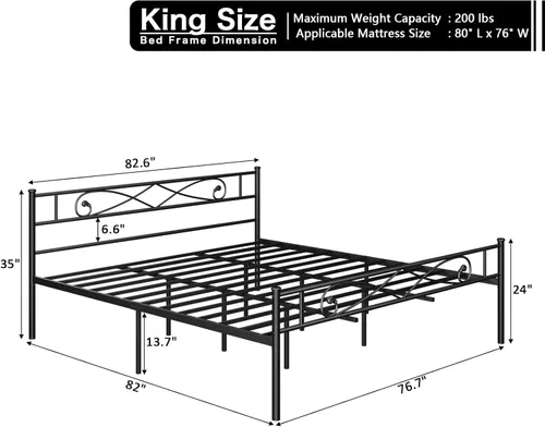 Miniatura 2 de Base de cama de plataforma metálica King con cabecero, soporte de listones de acero resistente, base de colchón, almacenamiento debajo de la cama