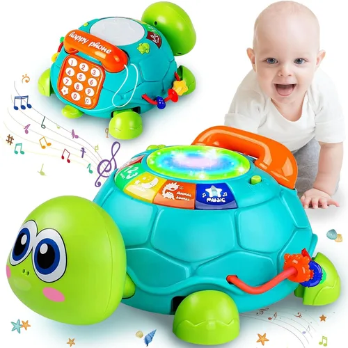 Miniatura 7 de Ussybaby Juguetes Musicales de Tortuga para Bebés de 6 a 12 Meses, Juguete Musical Iluminado para Tiempo Boca Abajo del Bebé con Teléfono, Juguetes