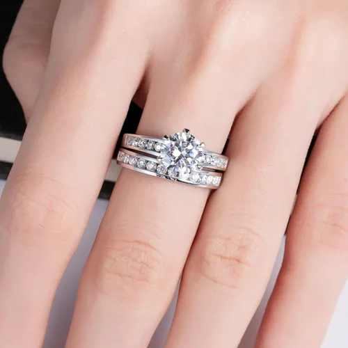 Miniatura 9 de Anillos de eternidad de moissanita, anillos de boda, color D, claridad VVS1, redondo, corte brillante, plata de ley 925, 56 piedras, anillos