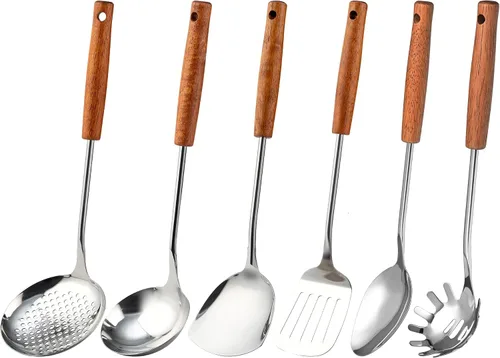FJNATINH Juego de utensilios de cocina de acero inoxidable con mango de madera, antiadherente, juego de utensilios de cocina de acero inoxidable con