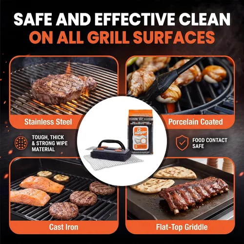 Miniatura 7 de Proud Grill Q-Swiper - Juego de limpiador de parrilla para barbacoa, 1 cepillo de parrilla con raspador y 25 toallitas de limpieza para parrilla