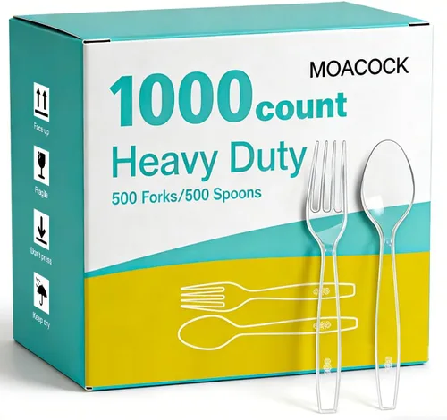 Miniatura 11 de MOACOCK 100 cubiertos de plástico pesados, tenedores de plástico pesados, cucharas, utensilios desechables, juego de cubiertos para suministros
