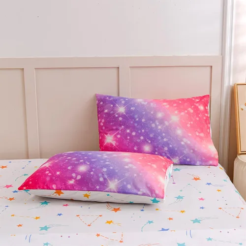 Miniatura 7 de A Nice Night Juego de ropa de cama de 6 piezas con purpurina degradada para niñas, juego de edredón colorido de galaxia arco iris, juegos de ropa