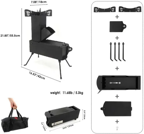 Miniatura 7 de Estufa de cohete portátil plegable de leña para acampar para cocinar al aire libre, picnic, barbacoa, caza, pesca, estufa de cohete de bolsillo
