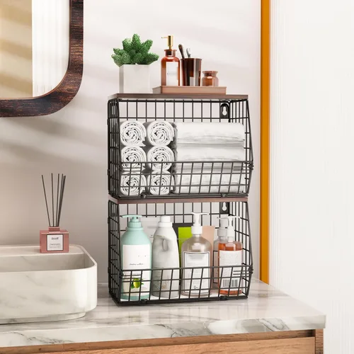 Miniatura 5 de Wawocs Tazón de frutas de 2 niveles, cesta de frutas para encimera de cocina, cesta apilable, cesta colgante montada en la pared, cestas de alambre