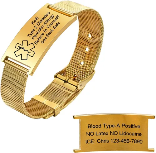 Miniatura 4 de Pulseras personalizadas de alerta médica para hombres, mujeres y niños, grabado gratuito, malla de acero inoxidable ajustable, pulsera