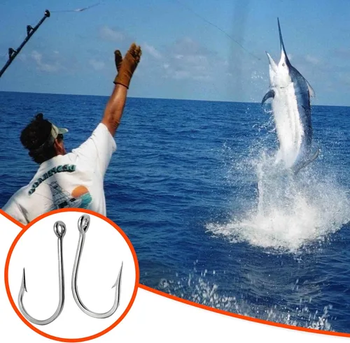 Miniatura 7 de Anzuelos grandes de atún de agua salada, 15 ganchos de pesca forjados de acero inoxidable con anillo, extrafuertes aparejos de pesca de agua salada