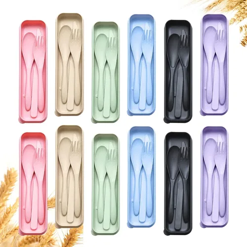 Miniatura 11 de YDYTOP Juego de utensilios de viaje reutilizables con estuche, cuchillo portátil de paja de trigo beige, tenedor, cucharas, vajilla, cubiertos