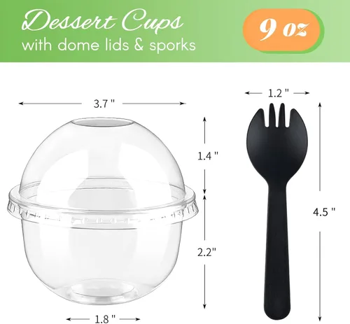 Miniatura 2 de Zezzxu Paquete de 50 Vasos de Postre de Plástico de 9 oz con Tapas de Cúpula (Sin Agujero) y Sporks, Vasos de Frutas Desechables Transparentes