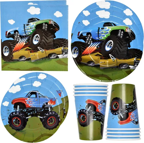 Gift Boutique Juego de 122 piezas de suministros para fiesta de cumpleaños de Monster Truck Juego de platos de papel, vasos, servilletas para niños