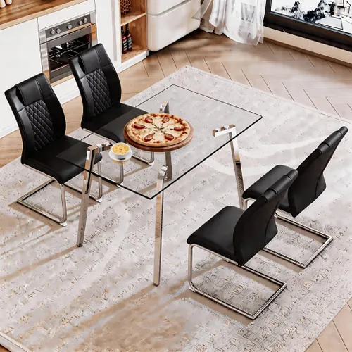 Miniatura 31 de Juego de mesa de comedor de cristal para 4, mesa rectangular con 4 sillas de cocina de cuero gris, juego de comedor de cocina de 51 pulgadas, mesa 4