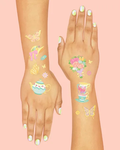 Miniatura 4 de xo, Fetti Tatuajes temporales para fiesta de té - 48 estilos de purpurina Suministros para fiesta de cumpleaños Partea, tetera de té, cupcakes