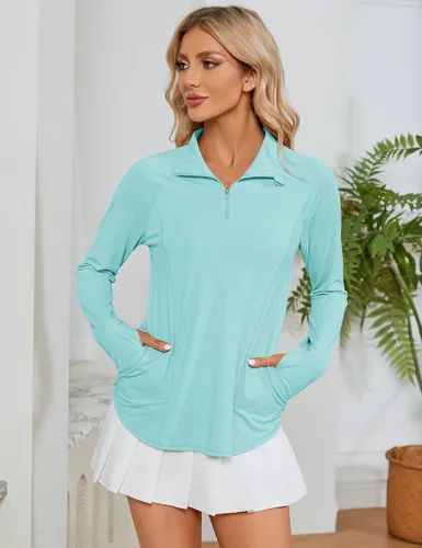 Miniatura 5 de LOMON Camisas de manga larga para mujer, protección solar, cremallera de 14, de verano, de secado rápido, para senderismo, con cremallera de un