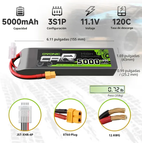 Miniatura 2 de OVONIC 3S LiPo Batería 11.1V 5000mAh 120C con XT60 y TRA Plug Match RC Coche Camión Avión Helicóptero Barco
