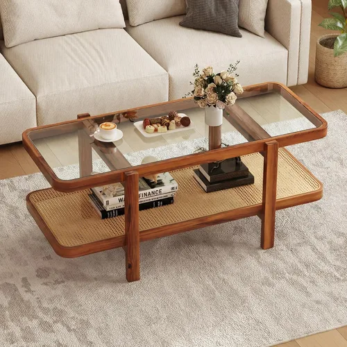 Miniatura 11 de Giantex Mesa de centro de ratán, mesa de té de madera ovalada de 2 niveles con mesa de vidrio templado y estante de almacenamiento de ratán de Negro