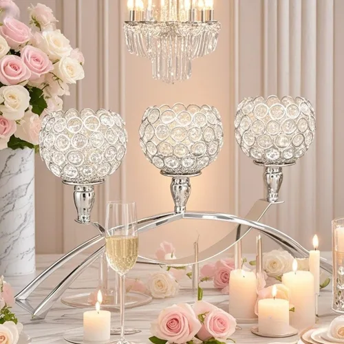 Miniatura 6 de Vidisan Candelabros plateados de 3 brazos, candelabros de cristal, centros de mesa de cristal para bodas, adornos de candelabro de gabinete de Plata