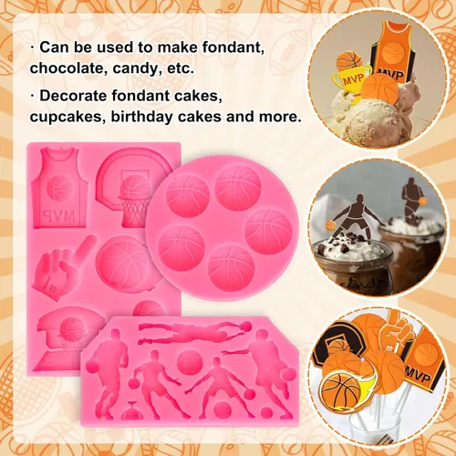 Miniatura 4 de Whaline 3 paquetes de moldes de fondant de baloncesto con temática deportiva, moldes de silicona, moldes de caramelo de chocolate para cocina