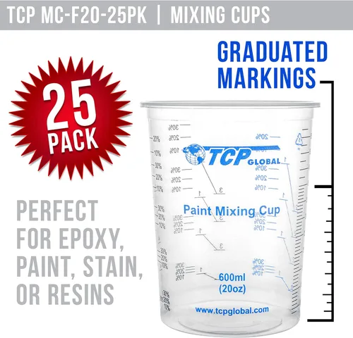 Miniatura 2 de TCP Global Vasos mezcladores de plástico graduados de 20 onzas (20.3 fl oz), caja de 25 con 25 varillas de mezcla, vasos medidores de plástico