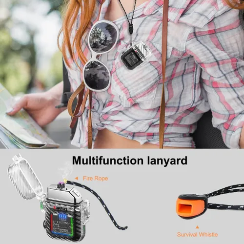 Miniatura 6 de SUPRUS Luminoso 3 modos de linterna resistente al viento, impermeable, encendedor eléctrico recargable de plasma de doble arco con silbato de Negro