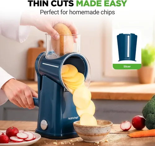 Miniatura 6 de NutriChef Rallador y Triturador de Queso 5 en 1 5 Cuchillas Diferentes para Tiras Finas, Gruesas, Juliana, Onduladas y Rectas Incluye Manivela