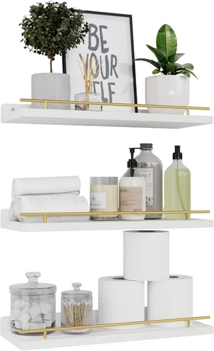Miniatura 9 de WOPITUES Estantes flotantes con barandilla de metal negro, estantes para decoración de pared, juego de 3, estantes de pared para dormitorio, baño