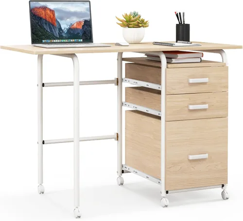 Miniatura 8 de Giantex Escritorio plegable para espacio pequeño, escritorio de oficina en casa rodante con 3 cajones y ruedas universales con cerradura, escritorio
